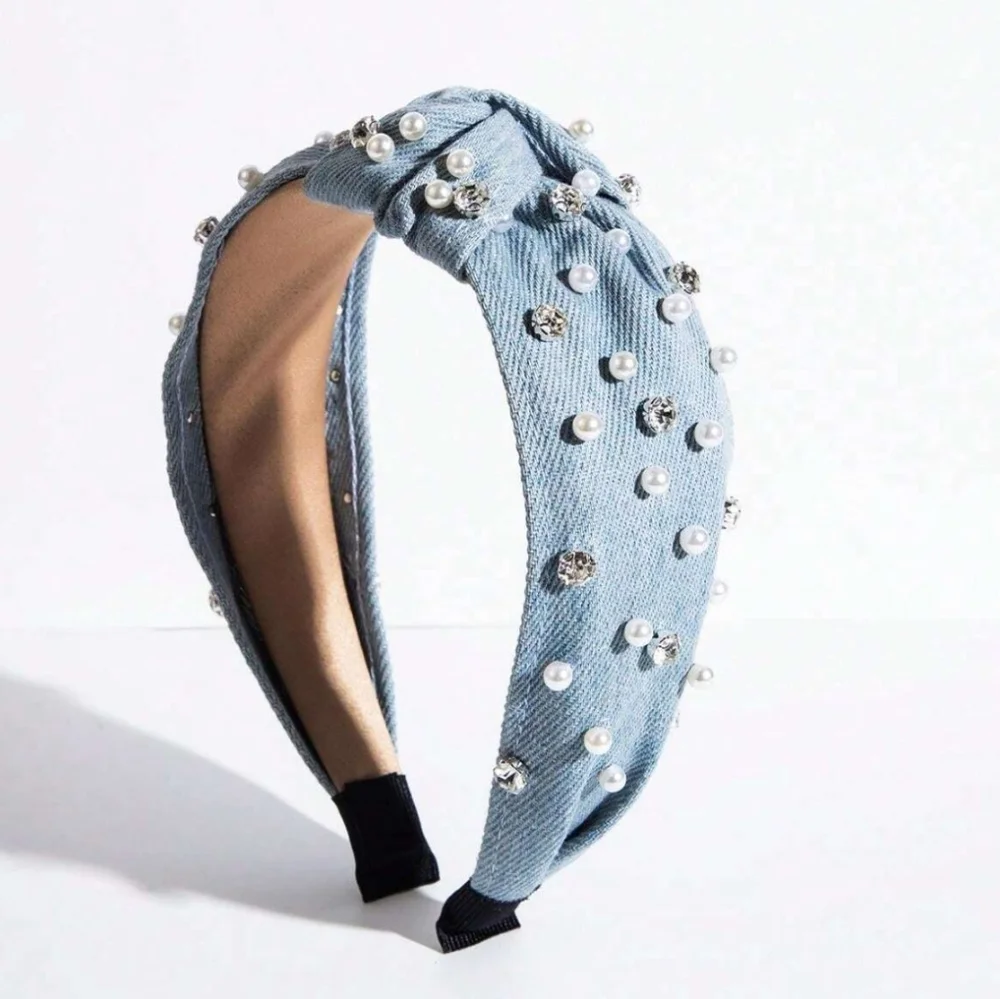 NWOT Elegant Blue Denim Pearl-Embellished Top Knot Headband
